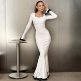 French  Slim Solid Color Slimming Bell Sleeve Dress
